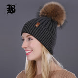 Women Winter Hat Real Mink Fur Pom Poms