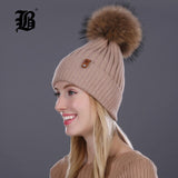 Women Winter Hat Real Mink Fur Pom Poms
