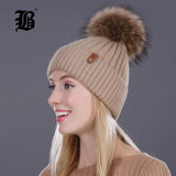 Women Winter Hat Real Mink Fur Pom Poms