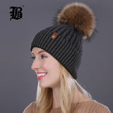 Women Winter Hat Real Mink Fur Pom Poms