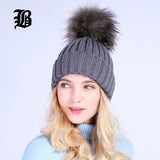 Gray Mink Fur Ball Cap Pom Poms