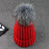 Gray Mink Fur Ball Cap Pom Poms