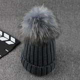 Gray Mink Fur Ball Cap Pom Poms