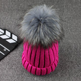 Gray Mink Fur Ball Cap Pom Poms
