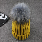 Gray Mink Fur Ball Cap Pom Poms