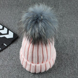 Gray Mink Fur Ball Cap Pom Poms