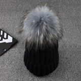 Gray Mink Fur Ball Cap Pom Poms