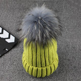 Gray Mink Fur Ball Cap Pom Poms