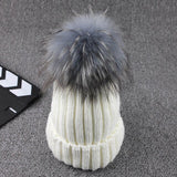 Gray Mink Fur Ball Cap Pom Poms