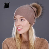 Women Winter Beanie Hat Rabbit Fur Wool Knitted Hat