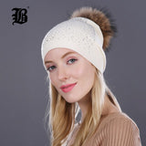 Women Winter Beanie Hat Rabbit Fur Wool Knitted Hat