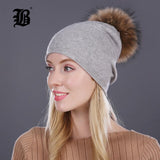 Women Winter Beanie Hat Rabbit Fur Wool Knitted Hat