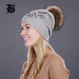 Knitted Women Hat Fur Hats For Lady Beanies Butterfly Cap