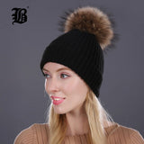 Winter Hat Real Mink Fur Pom Poms