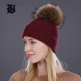 Winter Hat Real Mink Fur Pom Poms