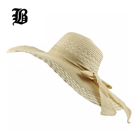 Spring Wholesale and Retail Fashion Women Wide Large Brim Floppy Summer Beach SunHats Straw Cap with big bow