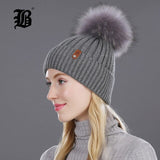 Women Winter Hat Real Natural Fox Fur Pompom Hats